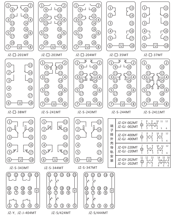 JZ-S-244MT跳位、合位、電源監視中間繼電器內部接線圖 JZ-S-244MT跳位、合位、電源監視中間繼電器內部接線圖