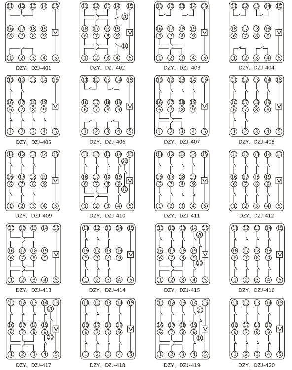 DZY（J)-408導軌式中間繼電器內部端子外引接線圖(正視)